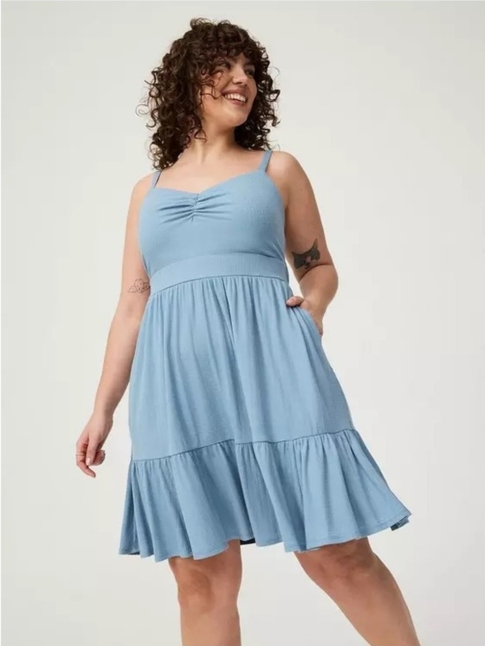 torrid Light Blue Smocked-Top Tiered Mini Dress